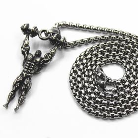 Men's Fitness Dumbbell Muscle Male Pendant Titanium Steel (Color: Silver, style: With 60CM interlocking chain)